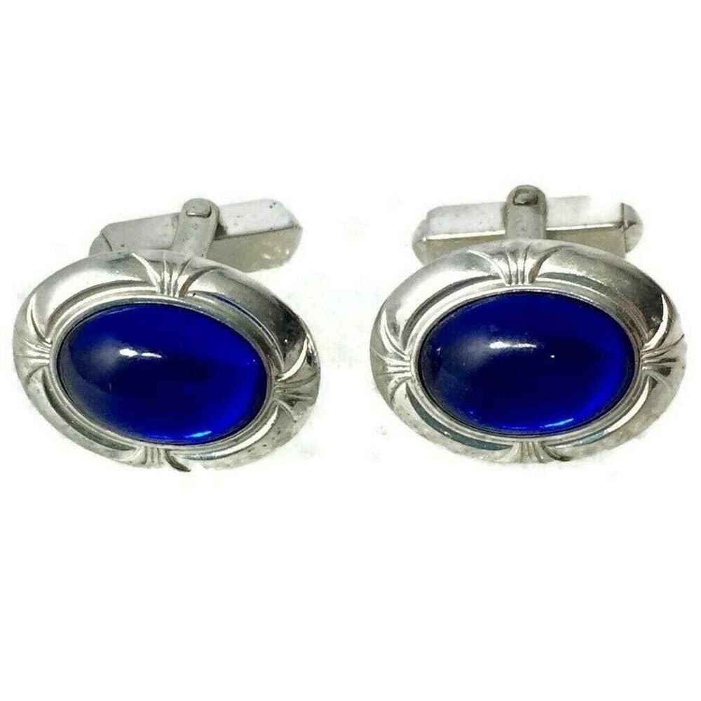 Anson Cuff Links Oval Blue Stoneโ Silvertone Vintage Estate Jewelry Marked